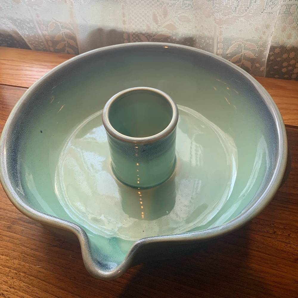 Upright Beer Can Clay Pottery Oven Poultry Roaster with Blue  Glaze